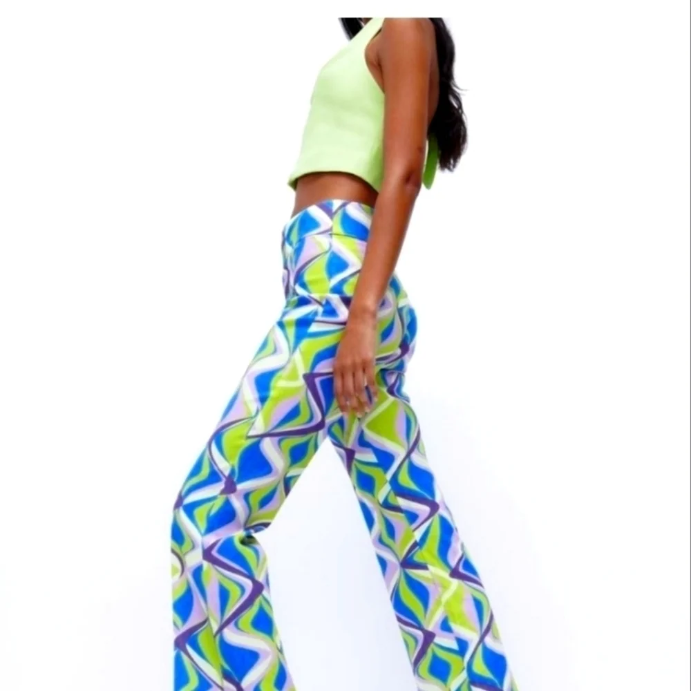 ZARA RETRO SIZE XS BLUE GREEN FLARED SUMMER PANTS SWIRL SPRING VACATION NWT‎